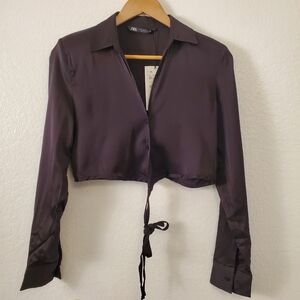Zara Cropped Long Sleeve Wrap Tie Collared Blouse